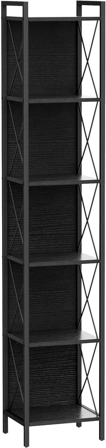 Homhedy 6 Tier Bookshelf Bookcase, Tall Narrow Bookshelf for Small Space, Metal Storage Shelves with Back Panel, for Home Office, Living Room, Kitchen, Bedroom, Industrial Style, Black
