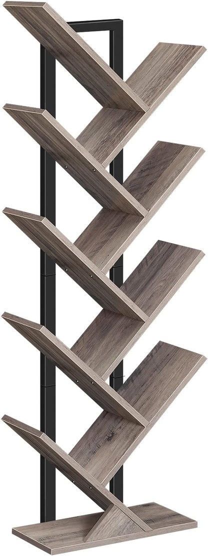 HOOBRO Tree Bookshelf, 9-Tier Bookcase Wooden Shelves, Floor Standing Storage Rack, for Display of CDs, Books in Living Room, Home Office, Wood Storage Rack for Bedroom, Greige BG08SJ01G1