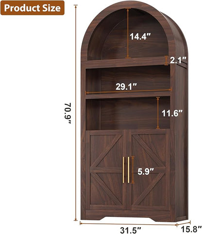 Arched Bookshelf Bookcase China Pantry Storage Cabinet with Doors and Shelves,Kitchen Pantry Cabinet,71“ Tall Food Pantry Furniture for Living Room, Dining Room (Brown)