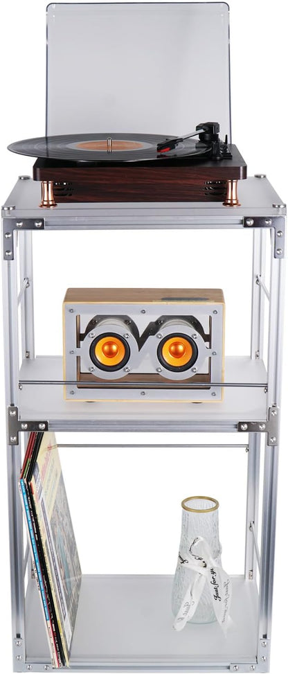 Record Player Stand with Vinyl Record Storage, End Table Style Record Stand, Silver Aluminum & Acrylic Vinyl Record Stand, Modern Record Table