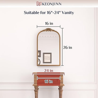 Keonjinn Gold Vintage Arched Mirror for Wall, 16" x 24" Brass Mirror with Metal Frame, Ornate Baroque Decoration for Mantle, Living Room, French Cleat Mounting