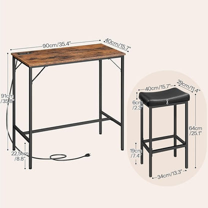HOOBRO 3-Piece Bar Table and Chairs Set, 39.4" Pub Table, High Top Bar Table with Charging Station, 3-Piece Dining Table Kitchen Breakfast Table Set, for Kitchen, Small Space, Rustic Brown BF10UBT01