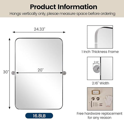 MOON MIRROR Polished Chrome Pivot Mirror for Bathroom, Tilt Bathroom Vanity Mirror,Rounded Rectangle Pivoting Mirror, Overall 24.33 x 30 in (Mirror 20x 30 in)