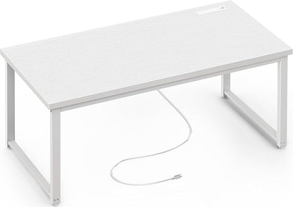 Huuger 55 x 24 inch Desk with Power Outlets & USB-C, Deeper & Thicker Desktop, Robust Metal Tubes, Computer Desk, Heavy Duty Office Desk, Work Gaming Desk for Home Office, White