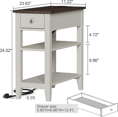 ChooChoo Farmhouse end Table Living Room Set of 2, Sofa Side Table Living Room with Charging Station,Narrow Night Stand with USB Ports & Power Outlets and Hidden Drawer