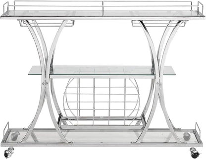 Silver Bar Carts with Glass Holders & Wine Rack,3 Tier Home Bar Serving Carts with Glass Shelves,Metal Rolling Bar Carts for The Home Kitchen, Party