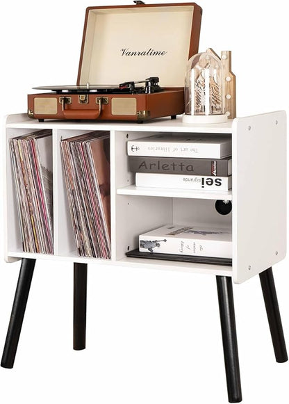 Record Player Table, Mid-Century Record Player Stand with Vinyl Storage Hold Up to 150+ Albums, Vinyl Record Cabinet with Adjustable Shelves, Wood Turntable Stand for Music Living Room (White)