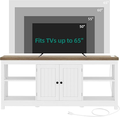 YITAHOME TV Stands for Living Room, Modern Entertainment Center with Power Outlets for Television up to 65 Inch, Farmhouse Media Console TV Cabinet with Adjustable Shelf & Open Shelves, White