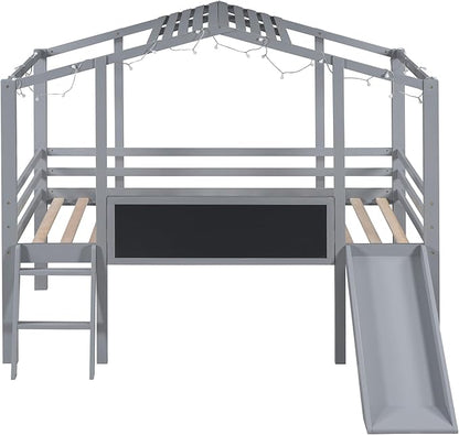 Ball & Cast Twin Size House Loft Bed with Ladder and Slide,Wood Bunkbed w/Blackboard and Light Strip on The Roof,Slat Support,Space Saving,Bedroom Furniture for Student Dorms,Gray