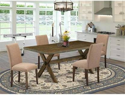 East West Furniture X777AB747-5 5 Piece Dining Table Set for 4 Includes a Rectangle Kitchen Table with X-Legs and 4 Light Sable Linen Fabric Parsons Dining Chairs, 40x72 Inch, Multi-Color