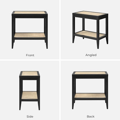 SICOTAS Rattan Nightstand Bedside Table - Farmhouse Boho Narrow Accent End Table with 2 Open Rattan Shelves for Bedroom, Living Room, Small Spaces - Black Oak