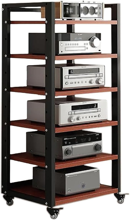 6 Tier Audio Rack Tower, CD Record Player Stereo Receiver AV Equipment Cabinet Display Rack, Weight capacity 661 lbs, with Adjustable Wooden Shelves for Home (TEAKWOOD, 6 TIER 47×19.7×15.7IN)