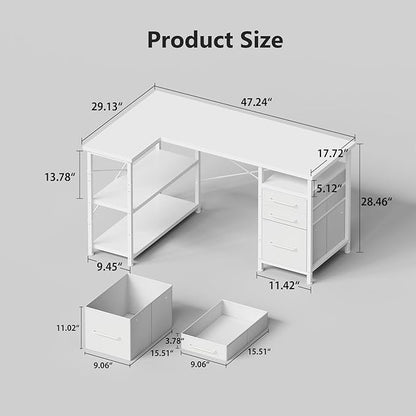 47" Computer Desk with Drawers, Desks for Bedrooms, Writing Desk with Storage, Work Desk for Small Space, White