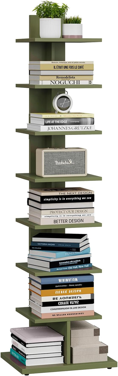 TUTOTAK Bookshelf, 8-Tier Bookcase, Narrow Spine Book Shelf for Small Space, Corner Standing Shelf for Living Room, Office, Study, Entryway, Olive Green BS06BOG008