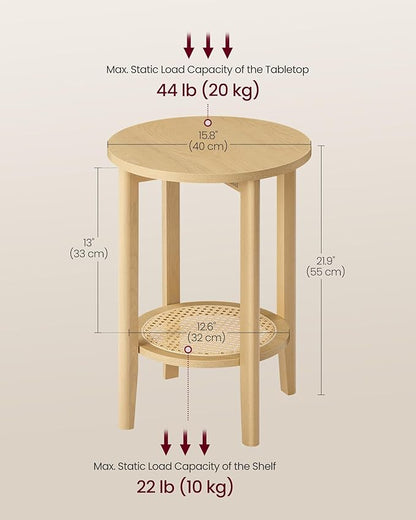VASAGLE Round Side End Table, 2-Tier Boho Bedside Table with Rattan-Look Storage Shelf, Nightstand for Small Spaces, for Living Room, Bedroom, Home Office, Oak Beige ULET296Y01