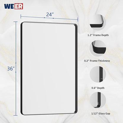 WEER Black Framed Bathroom Mirror, 24X36 Inch Rounded Rectangle Black Bathroom Mirror, Matte Black Bathroom Vanity Mirror for Wall, Anti-Rust, Tempered Glass, Hangs Horizontally or Vertically