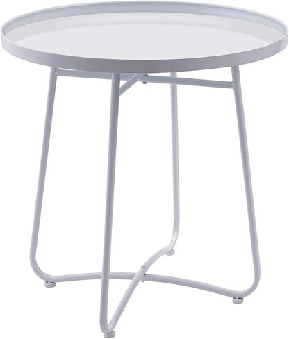Small Side Round Table for Living Room Bedroom, Weather Resistant Outdoor Side Table Metal Patio Tables for Garden Porch Balcony Yard, Minimalist Short Round Tray Tables 17.7”D x 17.7”H, White