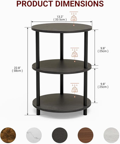 Small Round End Table - 3 Tier Design Accent Table, Narrow Side or Bedside Stand, Industrial Vintage Nightstand for Bedroom, Living Room, or Small Spaces, Charcoal Wenge
