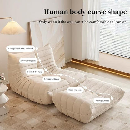 Bean Bag Chair - Memory Foam Bean Bag Chair for Adults, Comfy High-Resilience Single Sofa, Small Space Floor Chair, Chaise Lounge for Living Room, Bedroom (Beige, Wrinkles + Ottoman)