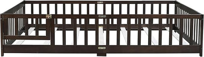 Queen Size Floor Bed Frame with Slats and Safety Guardrail, Wood Queen Size Montessori Floor Bed with Door and Fence, Easy Assemble Montessori Beds for Kids, Girls, Boys, Espresso