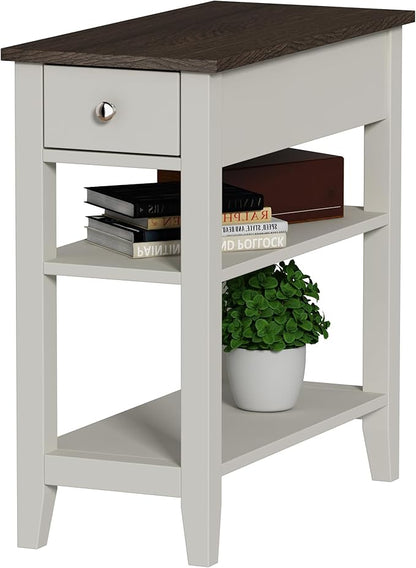 ChooChoo Side Table Living Room, Narrow End Table with Drawer and Shelf, 3-Tier Sofa End Table for Small Space, White and Brown