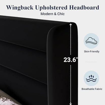 Allewie Full Size Platform Bed Frame with Velvet Upholstered Wingback Headboard, No Box Spring Needed, Under Bed Storage Space, Strong Wooden Slats, Modern Mattress Foundation, Easy Assembly, Black