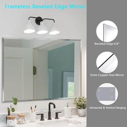 Frameless Beveled Edge Bathroom Mirror 36x24 Inch Rectangle Wall Mirror Explosion Proof and Shatterproof Bathroom Vanity Mirror Wall Mounted Hang Firmly (Horizontal or Vertical)