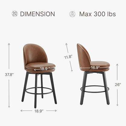 Counter Height Barstools 26 inch Upholstered Swivel Bar Stools with Back and Wood Legs for Kitchen Island,Set of 1,Brown PU Leather-Armless