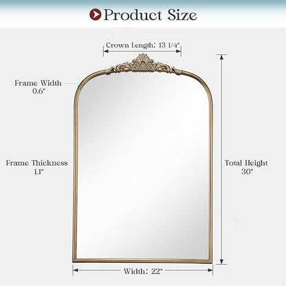 22" x 30" Arched Vintage Gold Mirror for Wall, Antique Bronze Bathroom Mirror with Metal Frame, Ornate Arch Vanity Mirror for Entryway, Mantel, Powder Room