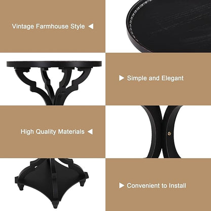 Wnutrees Farmhouse Round Accent End Table, Rustic Side Table Nightstands for Living Room, Wood Tray Top, Handcrafted Finish, Set of 2, Black