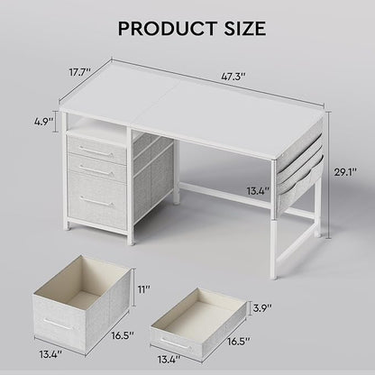 Ｍａｉｈａｉｌ Maihail Small Desk with Drawers, 47 inch Computer Desk with Shelves, Writing Desk with Storage, Small Office Desk with Metal Frame, White