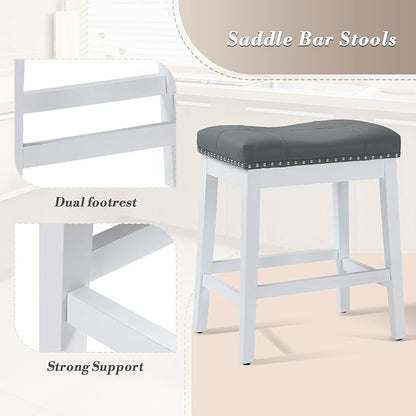 Athena Collection Bar Stools Set of 2, 25 Inches Counter Height Bar Stools Backless with Footrest, Leather Upholstered Saddle Barstools with Nailhead Trim for Kitchen Island, Counter, Grey White