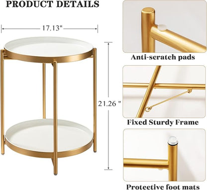 TeoKJ 2 Tier Gold Side Table, Folding Round Metal End Table Small Nightstand with Two Removable Tray for Bedroom Living Room Bedside Small Spaces Gold + White