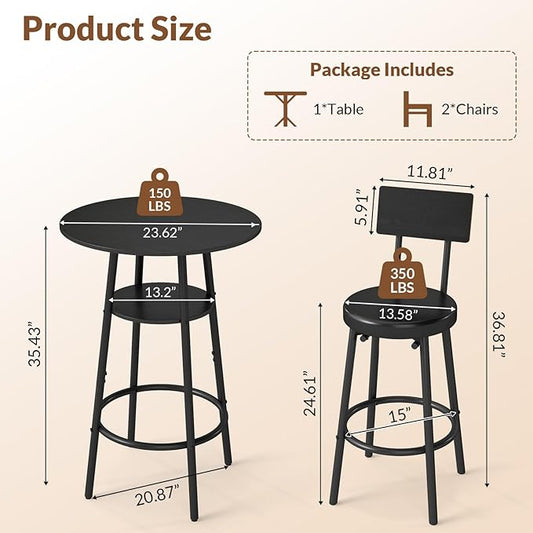 3 Pieces Round Bar Table Set, Small Dining Table for 2, Black Kitchen Bar Table, Breakfast Table with Storage, 2 Thickened Cushion Stools with Backrest for Dining Room & Bistro-Black