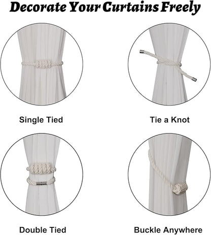 BEL AVENIR Magnetic Cotton Curtain Tiebacks, Decorative Drapery Holdbacks Modern Woven Tie-Backs with Exquisite Knot (Cotton, 4 Pack)