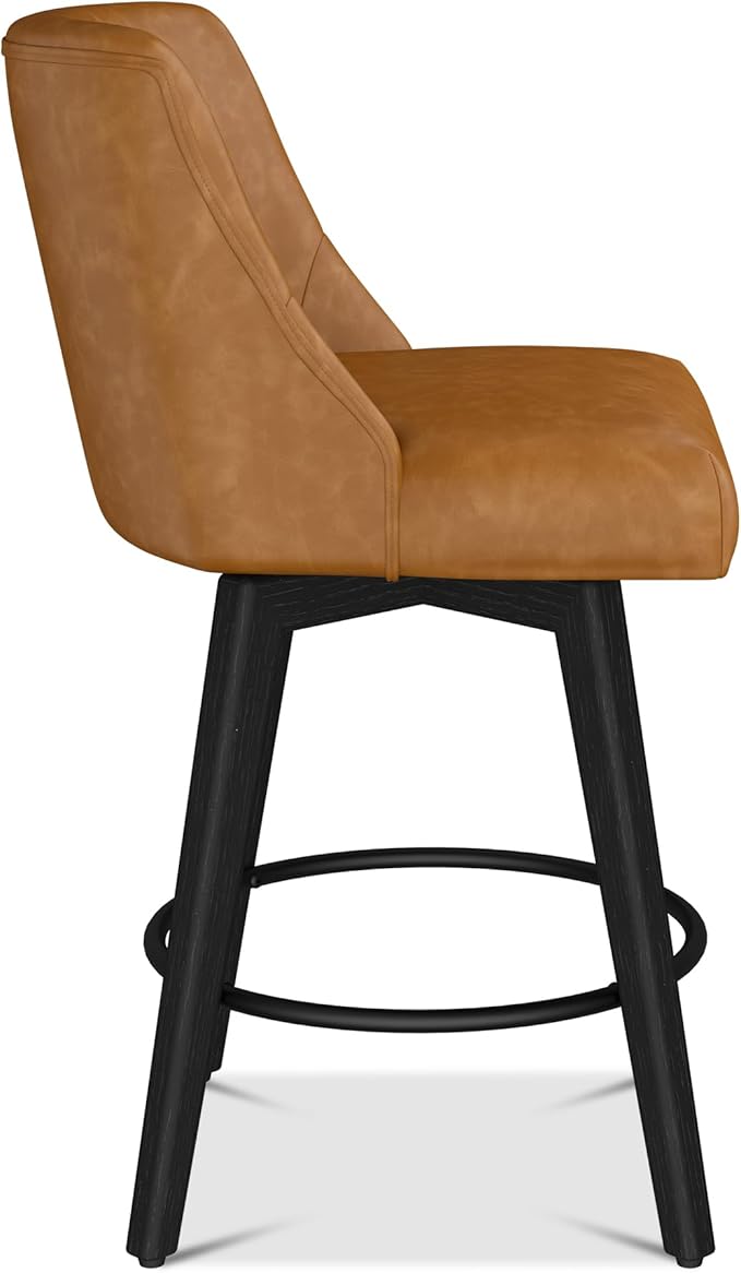 Counter Height Bar Stools Set of 6, Modern Swivel Barstools with Back and Wood Legs, Faux Leather Upholstered Bar Chairs, 26" H Kitchen Counter Stools, Kitchen Island Home Bar, Whisky Brown
