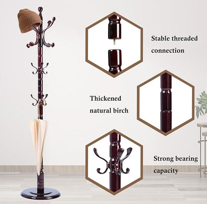 Coat Rack Stand, Solid Wooden Coat Tree with 14 Hooks, Heavy Duty Coat Rack Freestanding with Sturdy Round Base, Natural Birch Wood Coat Hanger Stand for Entryway Bedroom (Ruyi)