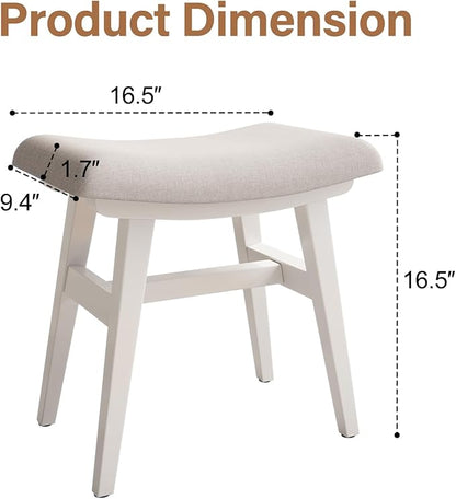 Solid Wood Small Vanity Stool, Compact Makeup Chair with Saddle Cushion, Linen-Covered High Rebound Sponge Seat, Easy Assembly Footstool for Bedroom, Entryway, Home, White