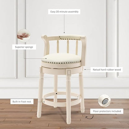 Cow top Leather Wooden Bar Stools, 360 Degree Swivel Bar Height Chair with Backs for Home Kitchen Counter, Morden Chair Barstools (Ivory Wood 2pcs-Cream Seat, Counter Height-Seat Height 26”)
