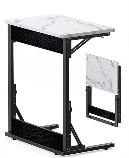 Tatub 24" Folding TV Tray Table, Marble C Shaped End Table for Couch, Small Sofa-Side Laptop Desk with Black Metal Frame for Living Room, Bedroom, Bedside