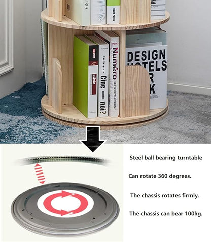 Heehee Rotating Wooden Bookshelf 360 Display 4 Tier Floor Standing Bookcase Storage Rack for Kids&Adults Solid Wood Bookshelf Organizer