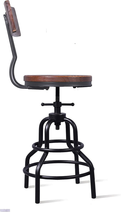Diwhy Industrial Vintage Counter Stool, Kitchen Counter Height Adjustable Swivel Chair, Metal Frame Stool, with Wood Backrest, 20.47-26.77 Inch, Fully Welded Base, Set of 2