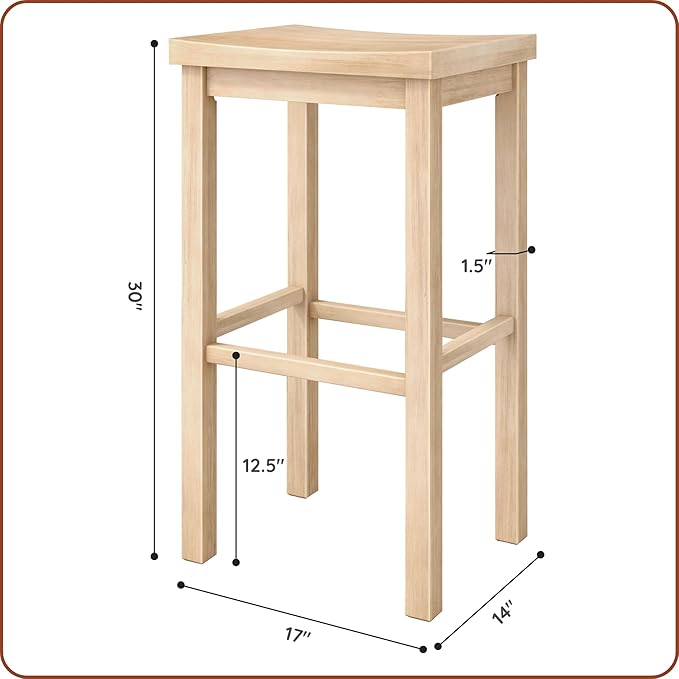 Grain & Grove Smith Collection Set of 4 Solid Wood Bar Stools, 30 inch Saddle-Seat Bar Chairs, Backless, Heavy-Duty Construction, Footrest Support, for Kitchen Islands, Home Bars, and Counters, Blonde
