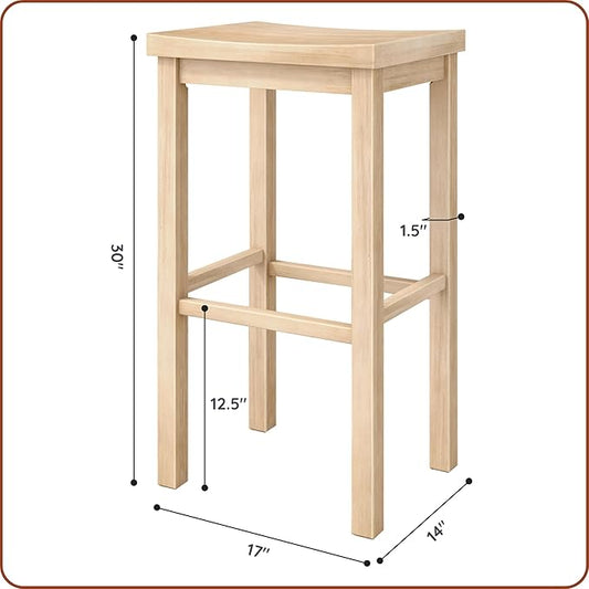 Grain & Grove Smith Collection Set of 2 Solid Wood Bar Stools, 30 inch Saddle-Seat Bar Chairs, Backless, Heavy-Duty Construction, Footrest Support, for Kitchen Islands, Home Bars, and Counters, Blonde
