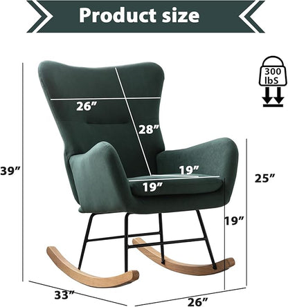 Phoenix Home Rocking Chair Nursery Velvet Upholstered Glider Rocker Rocking Accent Chair Padded Seat with High Backrest Armchair Comfy Side Chair for Living Room Bedroom Offices, Green