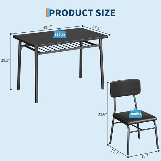 GarveeHome Dining Table Set for 4 with Storage Rack, 5-Piece Kitchen Table and Upholstered Chairs of 4, Wood Tabletop & Heavy-Duty Metel Frame, Dining Room Set for Small Space, Apartment, Black