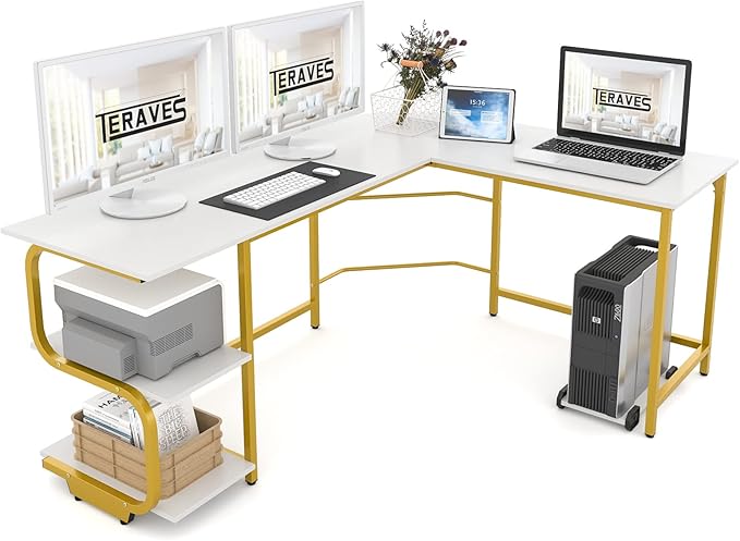 Teraves Reversible L Shaped Desk with Large Surface, 69 Inch Sturdy Corner Desk with Storage Shelves, Premium Office Computer Desk Workstation for Home Office Gaming