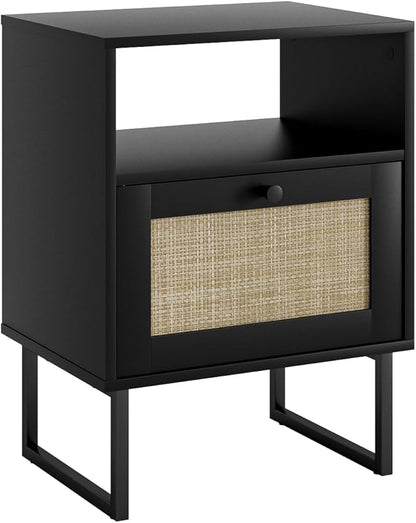 Rattan Nightstand, Mid Century Modern Night Stand,Boho Farmhouse Wood Bedside Table with Storage and Open Shelf, End Side Accent Table for Bedroom,Living Room,Black
