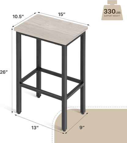 Athena Collection Bar Stools Set of 2, 26 Inches Counter Height Bar Stools Backless with Metal Legs and Footrest, Wood Barstools for Home, Kitchen Island, Counter, Grey