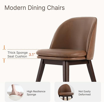 Wooden Dining Chairs Set of 2, Faux Leather Upholstered Modern Dining Room Chairs with Double-Layer Thick Seat Cushion & Ergonomic Backrest for Restaurant, Kitchen and Café, Brown